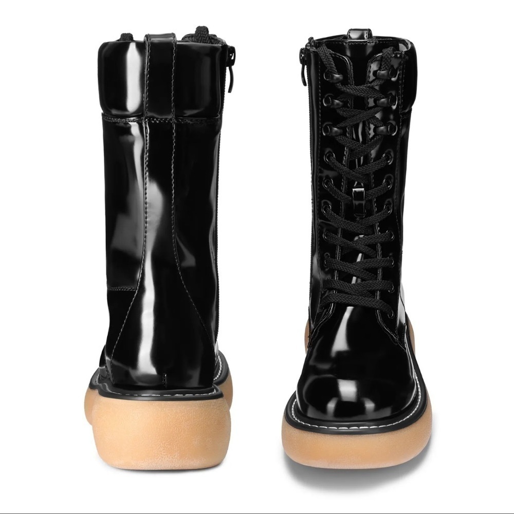 Platform Combat Boots Chunky Lug Sole Lace Up Black Boots Mid Calf Moto New - Picture 3 of 5